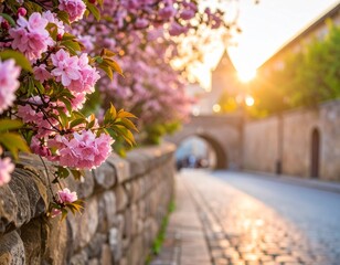 Close-up of pink cherry blossoms hanging over cobbled street and stone wall at golden hour in a quiet old town. AI-generated