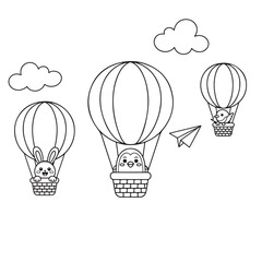 Cute animals in hot air balloons silhouette isolated on white background