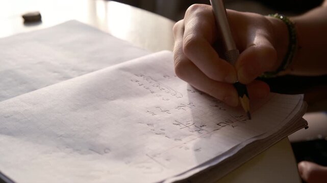 close up home interior student does his math homework at home. Learning math. Preparation for the school leaving examination. Hand written calculations, mathematical formula a sheet of paper 