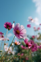 Vibrant pink cosmos flowers blooming against a clear blue sky with soft focus background