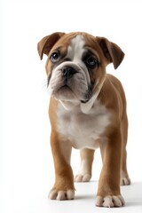 Adorable young bulldog puppy standing on white background