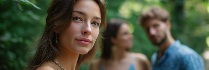 Young caucasian woman smiling outdoors with friends in scenic hiking area