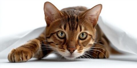 Bengal cat under white blanket with alert expression and striking green eyes