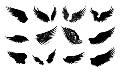 Vector wing silhouettes set featuring angel and bird wings. Perfect for logo design, tattoos, decals. Detailed, customizable wing art on white background, tribal emblems, feather flight icons