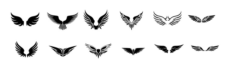 Creative wing vector logos with bird, angel, bat, eagle, and minimalist wings. Suitable for fantasy design projects, tattoos, branding, emblems, digital art, and stylish feather icon collections