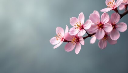 Obraz premium Delicate flowering dogwood branch against a muted gray backdrop , dogwood, contrast, background