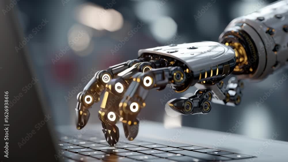 Aufkleber a robot hand is typing on a keyboard. the robot is made of metal and has a gold finish. concept of t