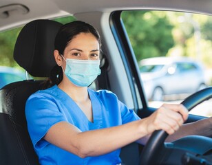 Healthcare professional in scrubs driving a car while wearing a protective face mask