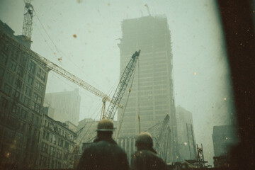 1960s Skyscraper Construction Scene with Super 8 Vintage Film Look