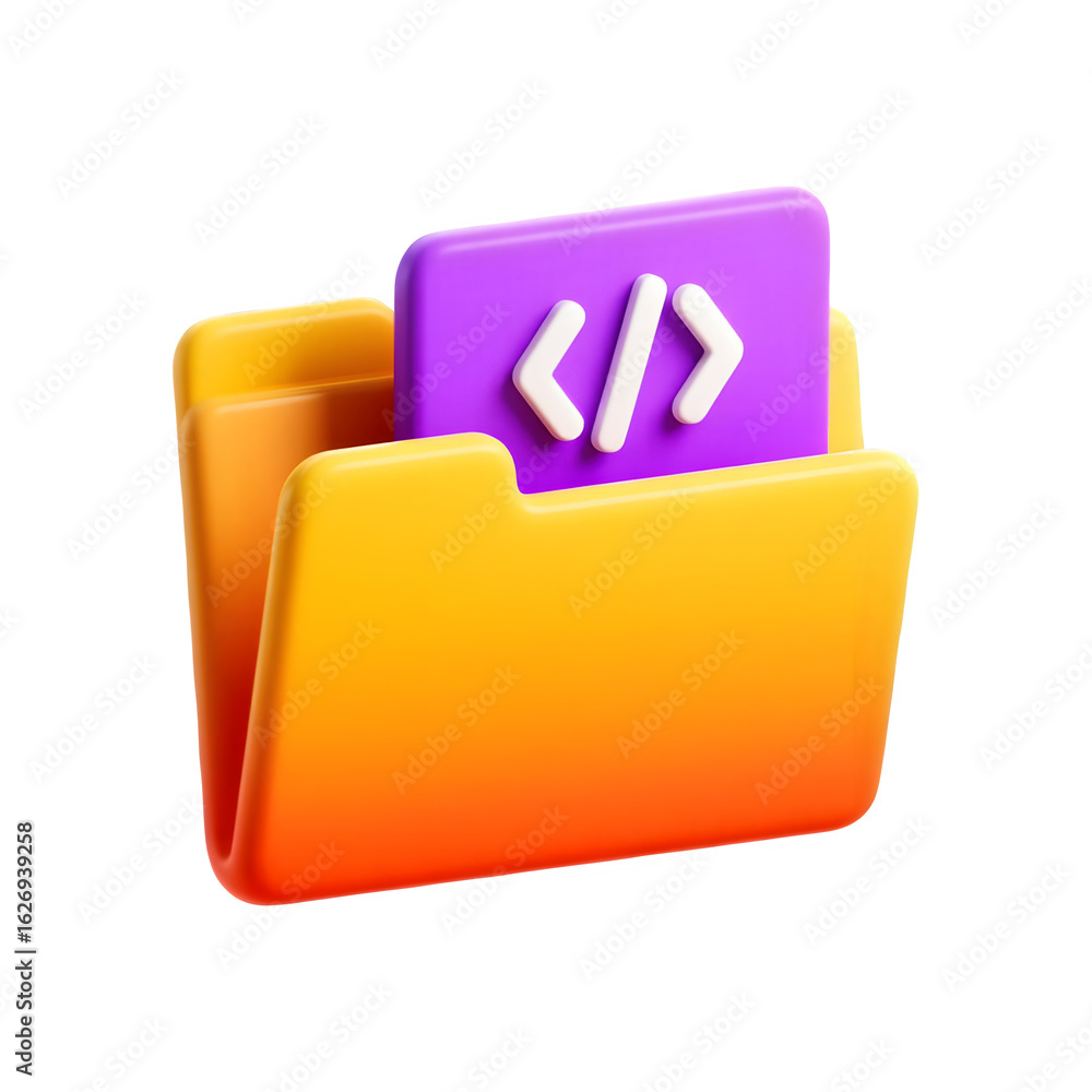 Poster 3d rendering of an orange folder with a purple coding symbol inserted isolated on transparent backgr