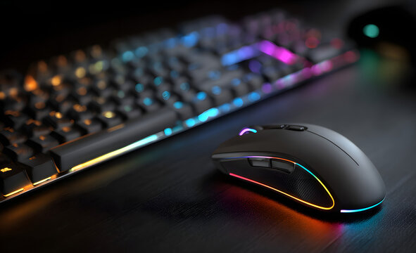 Keyboard and mouse with colorful lighting on a dark surface Vibrant Rim Light technology vibrant background colorful modern