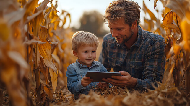 Father and Son Exploring Technology in a Cornfield