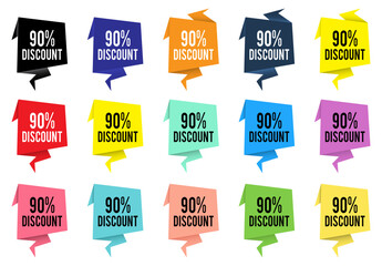 up to 90% discount colorful banner set, promotion tags collection, vibrant sale offer stickers pack, limited deal vector graphics