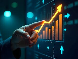 Close up of a hand pointing at a rising orange stock market graph with upward trend arrows on a dark background