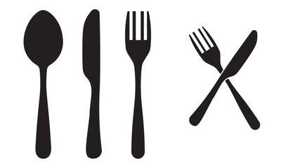 Fork, spoon, knife and plate. Menu symbol. Tableware instruments. Restaurant icon. Food, plate, fork, knife, spoon, cutlery icon set.