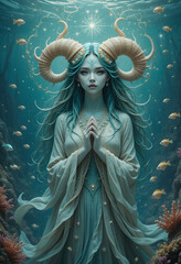 Shellborn Oracle with Spiral Horns &ndash; Stylized Ocean Mystic in Coral Robes
