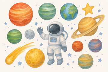 Watercolor Space Theme Vector Set: Planets, Astronaut, and Cosmic Elements