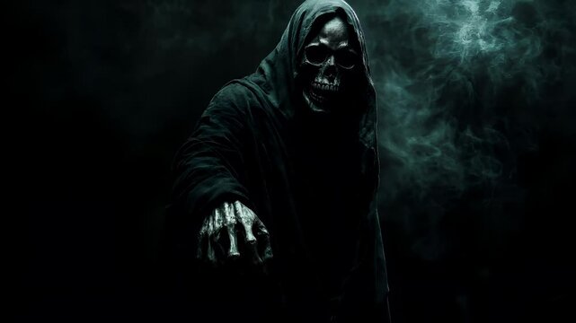 A dark, atmospheric portrayal of a grim reaper in a hooded cloak, with a skeletal face, set against a smoky, smoky background. The reapers hands are visible, holding a skeletal object.