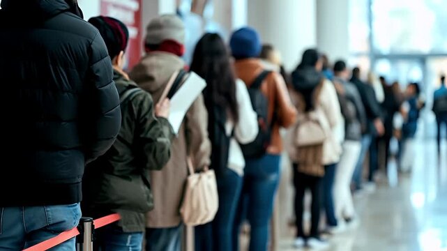 A blurry image of a long line of people waiting in line at an airport terminal.