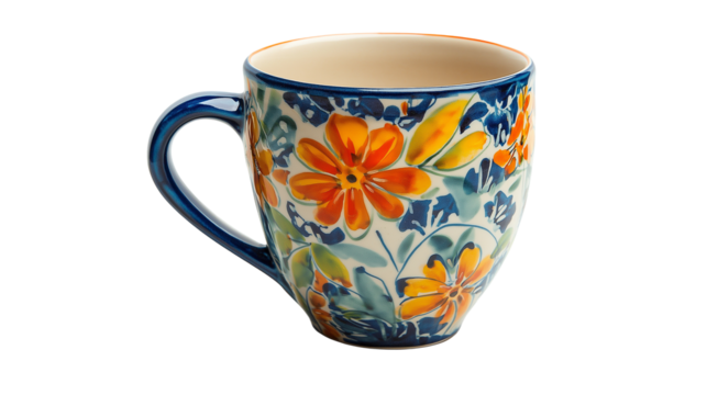 A beautifully shaped hot drinks cup adorned with delicate blue flower prints, isolated on a white background or transparent png