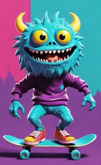 3d funny multicolored monster with a skateboard