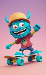 3d funny multicolored monster with a skateboard