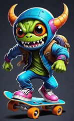 3d funny multicolored monster with a skateboard