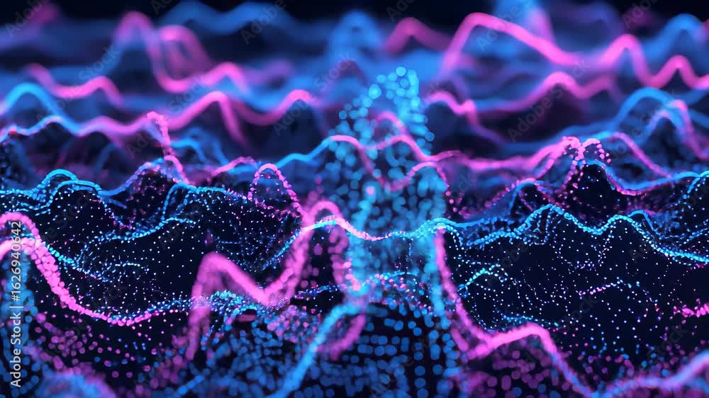 Poster dynamic camera movement showcases vibrant pulsating wave patterns in a technological landscape