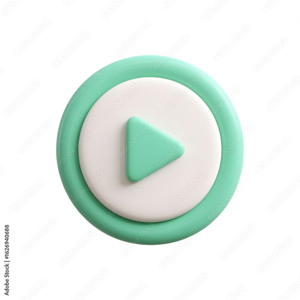 Poster a 3d rendered teal and white play button icon with a circular design isolated on transparent backgro