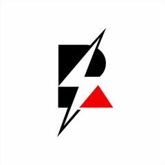 Letter R logo design with lightning and triangle symbols.