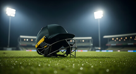 Cricket Helmet on Field Under Stadium Lights