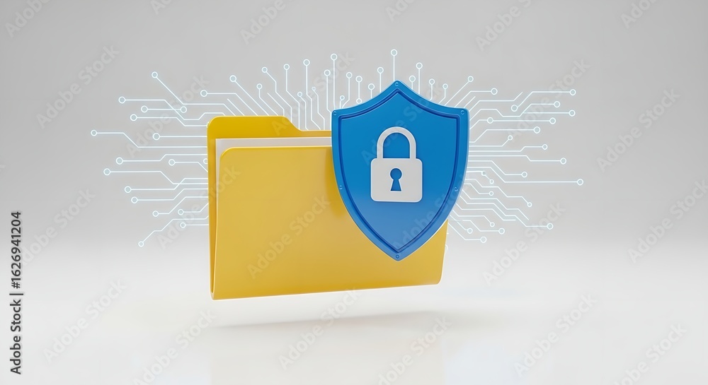 Poster a yellow folder with a blue shield and padlock in front of a circuit board pattern on a white backgr