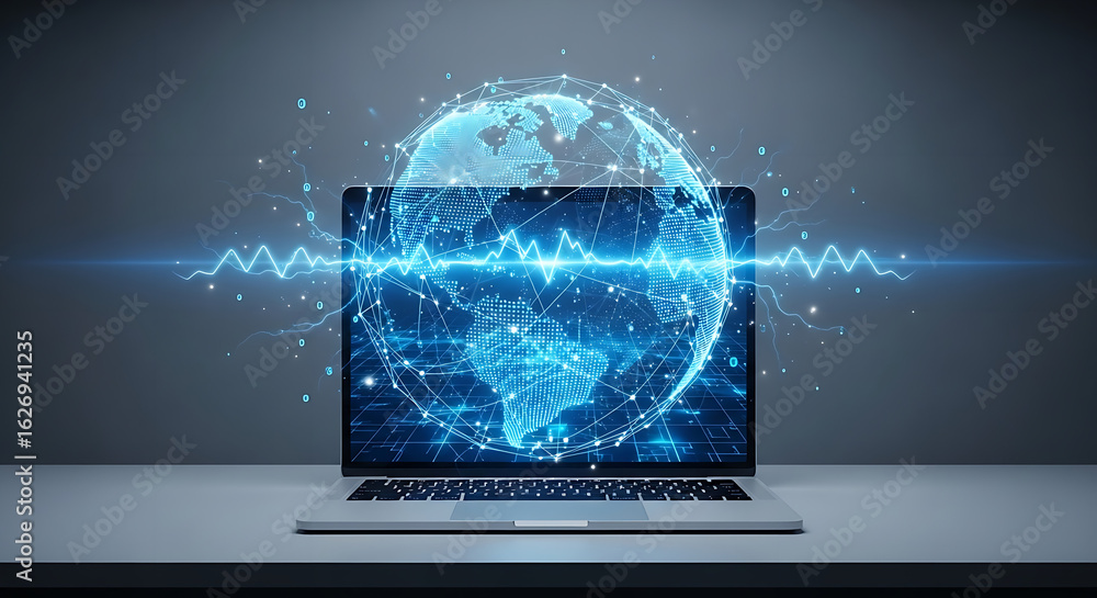 Poster laptop displaying a digital earth globe with connecting lines and blue energy wave effect overlay