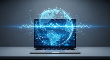 Laptop displaying a digital earth globe with connecting lines and blue energy wave effect overlay
