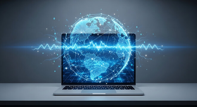 Laptop displaying a digital earth globe with connecting lines and blue energy wave effect overlay