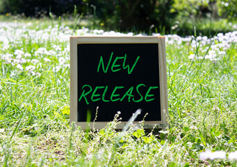 New Release symbol. Concept word New Release on chalk blackboard. Beautiful meadow background....