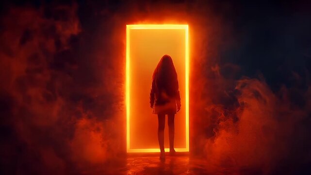 A solitary figure stands in a doorway of a fiery, smoky environment. The scene is cast in a palette of deep reds, oranges, and yellows, creating a sense of urgency and mystery.