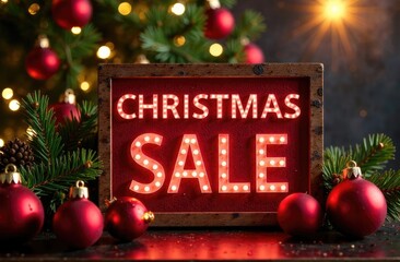 Glowing sale sign on a Christmas tree. Discount and shopping concept.