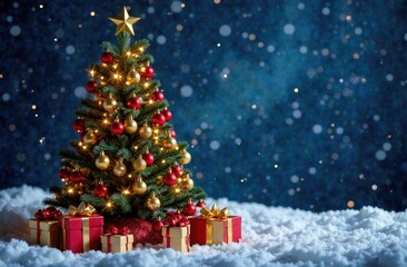 Christmas Tree And Gift Boxes On Snow In Night With Shiny Star and Forest - Winter Abstract Landscape