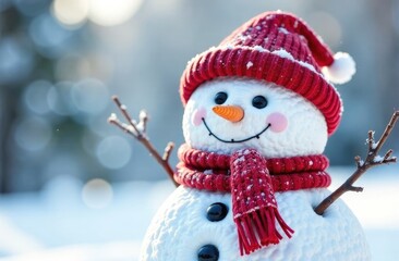 Funny snowman in stylish hat and red scalf on snowy field. Merry Christmass and happy New Year!