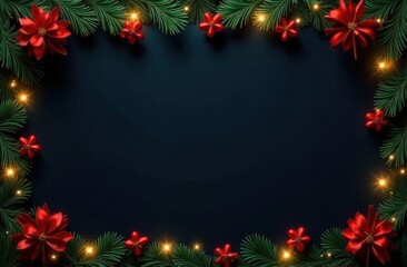 Glowing Christmas tree garland in the form of a frame on a blue wooden background