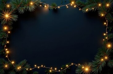 Christmas tree branch and lights on wooden background. View with copy space