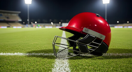 Red Cricket Helmet on Field Under Stadium Lights