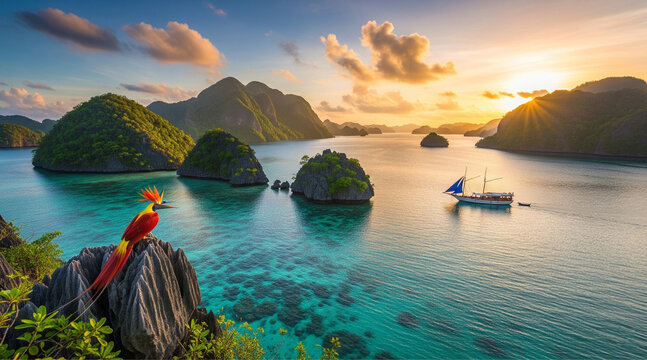 A scenic view of the Raja Ampat archipelago, with a colorful bird of paradise perched on a rock in the foreground. The landscape features lush, green karst islands rising from a turquoise sea under a 