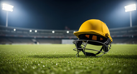 Yellow Cricket Helmet on Lush Green Field Under Stadium Lights