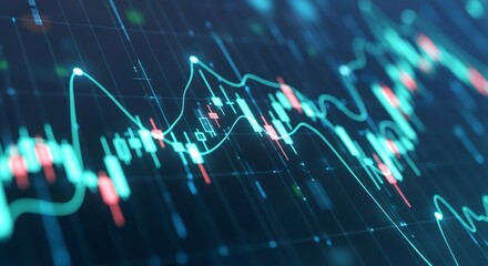 Digital financial chart with candles and lines showing market trend. Investment analysis and stock exchange data visualization. Economic concept.