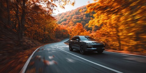 Elegant Modern SUV Driving Along Winding Autumn Forest Road