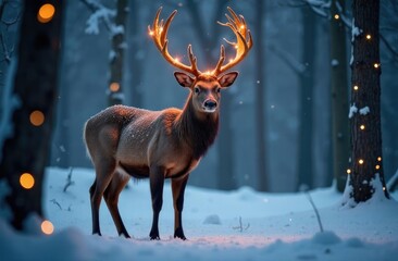 Imaginative large stag with golden antlers stands in a snow-covered forest
