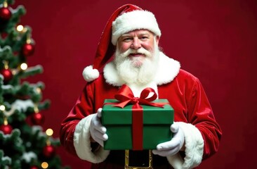 Portrait of Santa Claus Standing in a Festive Cozy Home with Fireplace, Decorations, Snow Falling Outside, Christmas Tree. Santa Looking at Camera, Smiling and Winking. Winter Holiday Celebrations