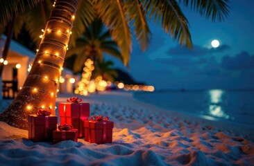 Tropical southern palm tree on New Year. Decorated with garlands and gifts. Congratulations card.